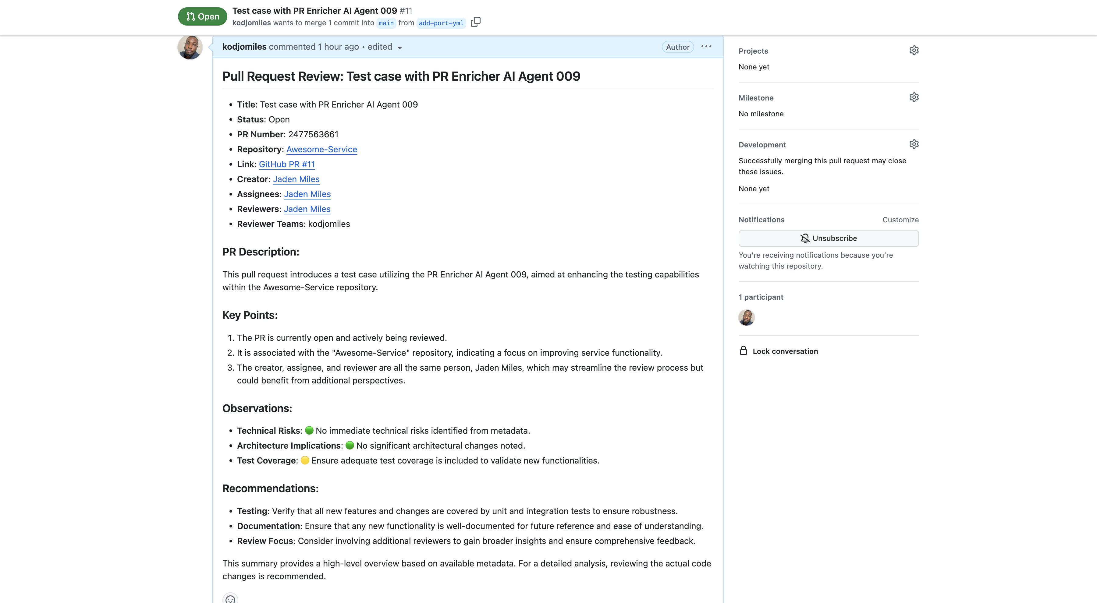 PR Enricher AI Agent GitHub comment example